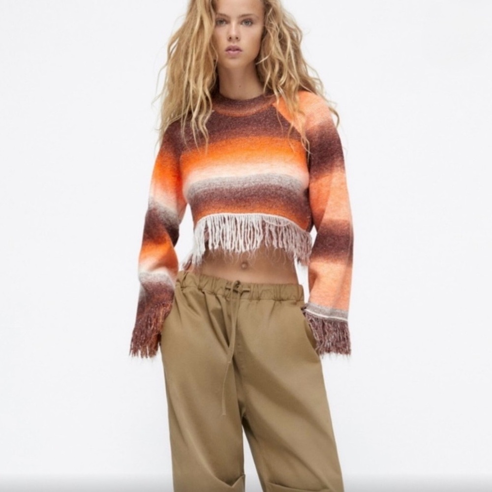 Zara Striped Fringe Crop Sweater Pullover Crew Neck Long Sleeve Fringe Sweater